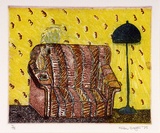 Artist: Eager, Helen. | Title: (Small red lounge with blue standard lamp). | Date: 1975 | Technique: etching and aquatint, printed in colour, from multiple plates