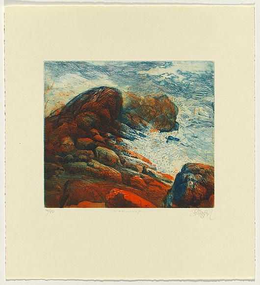 Title: b'Yallingup, Western Australia' | Date: 1989 | Technique: b'etching, printed in blue and orange ink, from one plate'