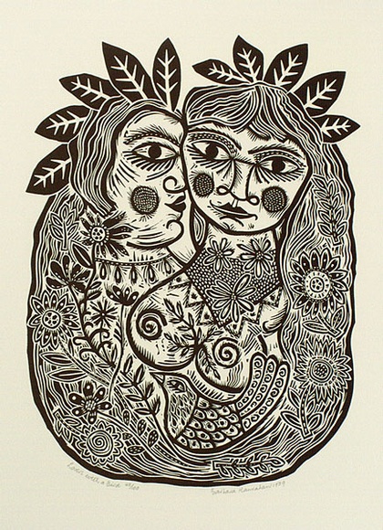 Artist: b'HANRAHAN, Barbara' | Title: b'Lovers with a bird.' | Date: 1989 | Technique: b'linocut, printed in black ink, from one block'