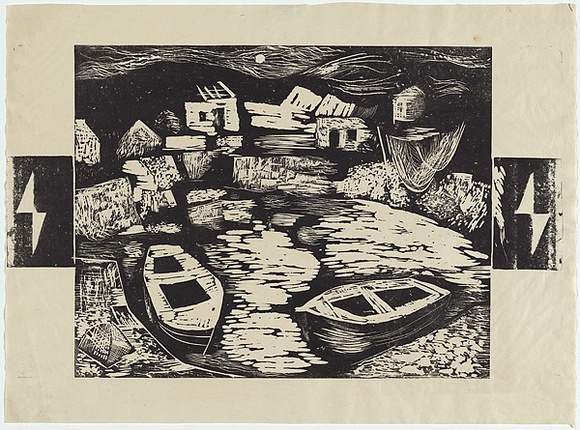 Artist: b'Adams, Tate.' | Title: b'(Irish fishing village).' | Date: 1954 | Technique: b'linocut, printed in black ink, from one block'