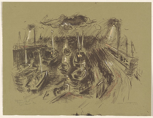 Artist: b'MACQUEEN, Mary' | Title: b'Departure of fishing fleet, San Remo' | Date: c.1957 | Technique: b'lithograph, printed in black ink, from one plate; additions in crayon and oil paint' | Copyright: b'Courtesy Paulette Calhoun, for the estate of Mary Macqueen'