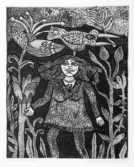 Artist: b'HANRAHAN, Barbara' | Title: b'Girl in a forest' | Date: 1983 | Technique: b'etching, printed in black ink with plate-tone, from one plate'