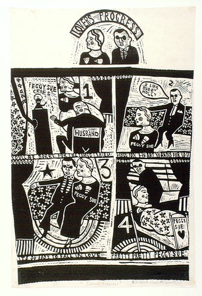 Artist: b'HANRAHAN, Barbara' | Title: b'Lovers progress' | Date: 1965 | Technique: b'linocut, printed in black ink, from one block'