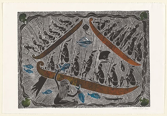 Artist: b'MOTLOP, Victor' | Title: b'Seven blind brothers (2)' | Date: 2001 | Technique: b'linocut, printed in colour, from one block'