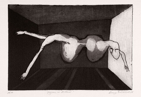 Artist: b'BALDESSIN, George' | Title: b'Figure in interior.' | Date: 1964 | Technique: b'etching and aquatint, printed in black ink, from one plate'