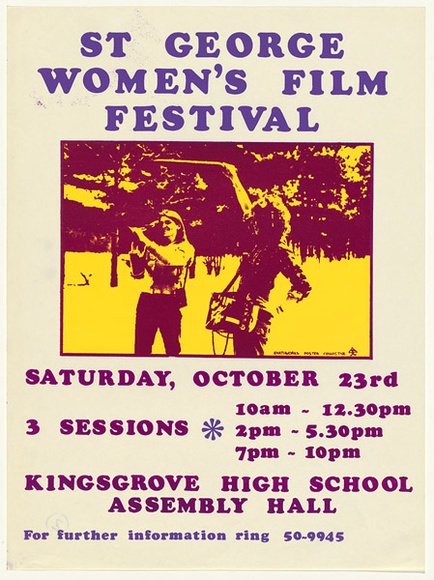 Artist: b'EARTHWORKS POSTER COLLECTIVE' | Title: bSt George Women's Film Festival | Date: 1976 | Technique: b'screenprint, printed in colour, from three stencils' | Copyright: b'\xc2\xa9 Toni Robertson'