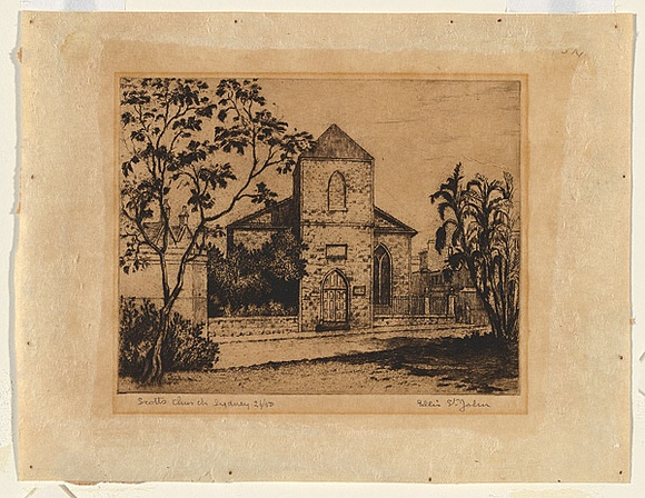 Title: bScott's Church, Sydney | Date: c.1924 | Technique: b'etching, printed in black, from one plate'