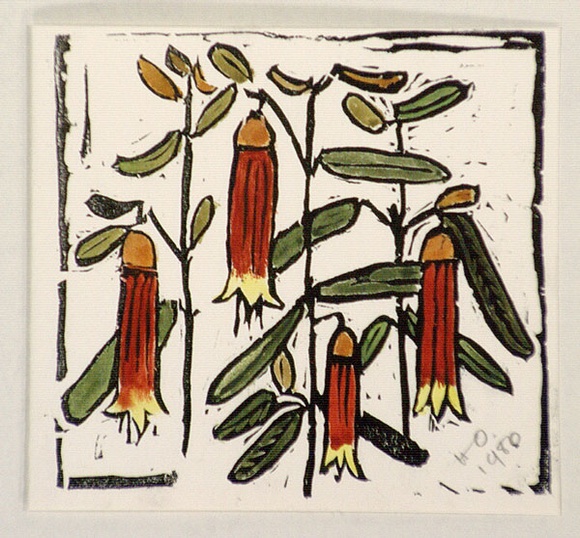 Artist: b'OGILVIE, Helen' | Title: b'Greeting Card: Christmas Bells' | Date: 1980 | Technique: b'linocut, printed in black ink, from one block; hand-coloured'