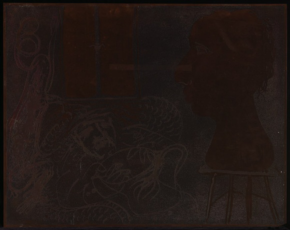 Artist: b'BOYD, Arthur' | Title: b'Plate 132: Potter with beast and sculptured head (Interior).' | Date: (1968-69) | Technique: b'etched plate' | Copyright: b'This work appears on screen courtesy of Bundanon Trust'