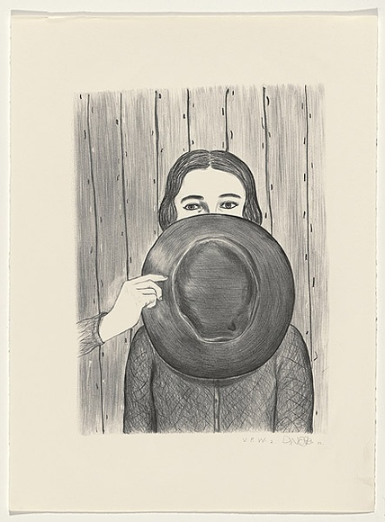 Artist: b'Walker, Deborah.' | Title: b'not titled [woman with hat over face]' | Date: 1986 | Technique: b'lithograph, printed in black ink, from one stone' | Copyright: b'\xc2\xa9 Deborah Walker. Licensed by VISCOPY, Australia'