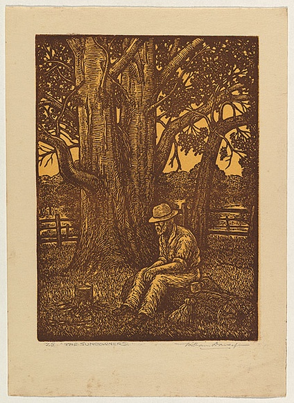 Artist: Davey, William J. | Title: The sundowner | Date: 1930s | Technique: wood-engraving, printed in brown and yellow ink, from two blocks Artist: Davey, William J. | Title: The sundowner | Date: 1930s | Technique: wood-engraving, printed in brown and yellow ink, from two blocks