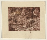 Title: not titled [landscape with people by a river] | Date: c.1960 | Technique: etching and aquatint, printed in red ink, from one plate