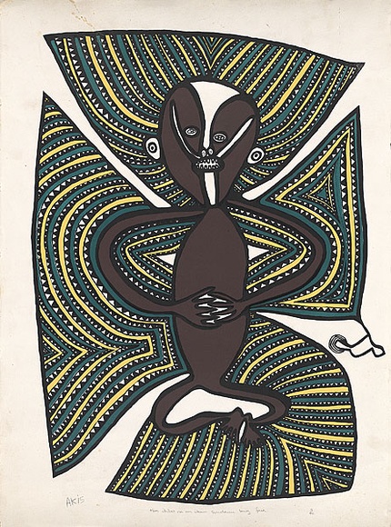 Title: b'Man ibilas na em ikan sindaum long faia.' | Date: c.1983 | Technique: b'photo-screenprint, printed in colour, from four stencils'