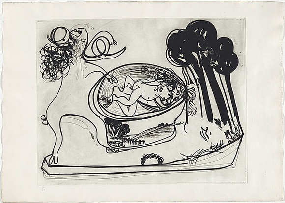 Artist: b'BOYD, Arthur' | Title: b'Potter with beast and trees.' | Date: 1960-70 | Technique: b'etching, printed in black ink, from one plate' | Copyright: b'Reproduced with permission of Bundanon Trust'