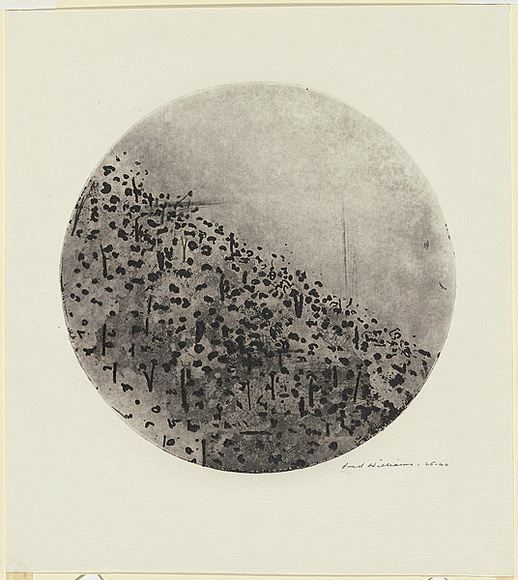 Artist: b'WILLIAMS, Fred' | Title: b'Circle landscape, Upwey.' | Date: 1965-66 | Technique: b'etching, flat biting, engraving, drypoint, mezzotint rocker, printed in black ink, from one zinc plate' | Copyright: b'\xc2\xa9 Fred Williams Estate'