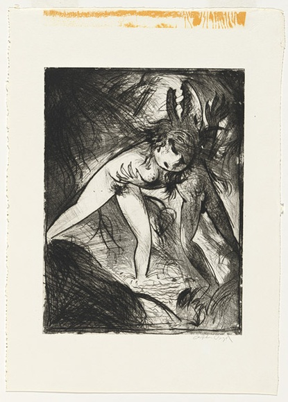 Artist: b'BOYD, Arthur' | Title: b'Nude with shark-headed beast.' | Date: (1962) | Technique: b'etching, printed in black ink, from one plate' | Copyright: b'Reproduced with permission of Bundanon Trust'