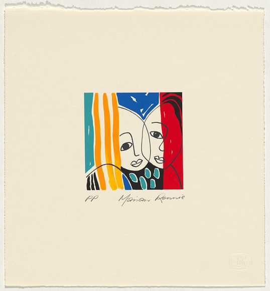 Artist: b'RENNIE, Marian' | Title: b'Not titled [two faces and three yellow lines].' | Date: 1995 | Technique: b'screenprint, printed in colour, from seven stencils'