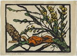 Artist: b'PRESTON, Margaret' | Title: b'Banksia and fungus' | Date: 1936 | Technique: b'woodcut, printed in black ink, from one block; hand-coloured' | Copyright: b'\xc2\xa9 Margaret Preston. Licensed by VISCOPY, Australia'