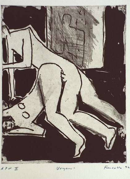 Artist: b'Fransella, Graham.' | Title: b'Voyeur' | Date: 1992 | Technique: b'etching, lift-ground and drypoint, printed in black ink, from one plate' | Copyright: b'Courtesy of the artist'