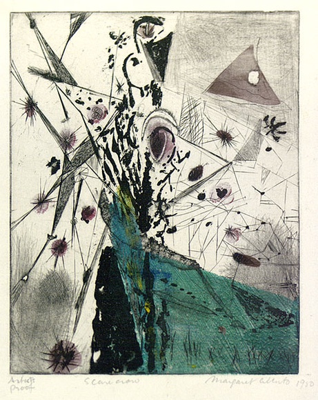 Artist: b'Cilento, Margaret.' | Title: b'Scarecrow.' | Date: 1951 | Technique: b'etching, aquatint, printed in colour from two  plates'