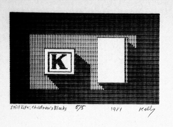 Artist: b'Kelly, William.' | Title: bStill life: children's blocks | Date: 1981 | Technique: b'computer-print, printed in black ink, from dot-matrix printer' | Copyright: b'\xc2\xa9 William Kelly'