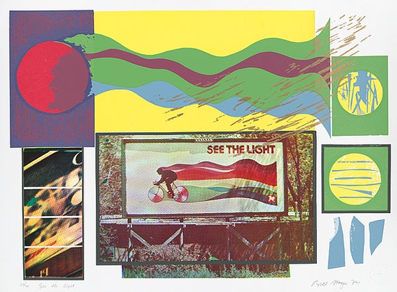 Artist: b'MEYER, Bill' | Title: b'See the light' | Date: 1974 | Technique: b'screenprint, printed in twelve colours, from twelve screens (handcut and photo 4 colour separation positives for indirect stencils)' | Copyright: b'\xc2\xa9 Bill Meyer'