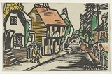 Artist: O'Connell, Ella. | Title: Much Hadham: a postcard. | Date: (1945) | Technique: linocut, rubber stamps, pen and ink, hand-coloured