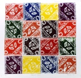 Artist: b'SHEARER, Mitzi' | Title: b'Patchwork quilt' | Date: 1978 | Technique: b'linocut, printed in colour from, one block (printed 16 times)'