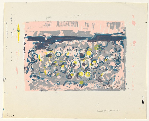 Artist: b'Grey-Smith, Guy' | Title: b'Boulder landscape' | Date: 1965 | Technique: b'screenprint, printed in colour, from five stencils'