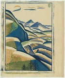 Artist: b'Black, Dorrit.' | Title: b'The mountain lake.' | Date: c.1935 | Technique: b'linocut, printed in colour, from four blocks (yellow-brown ochre, emerald green, cobalt blue, ultramarine)'