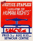 Artist: b'Fenton-Kerr, Tom.' | Title: b'Hear Justice Staples - Legislating for Human Rights.' | Date: 1979 | Technique: b'screenprint, printed in colour, from two stencils'