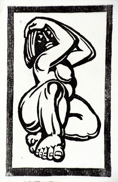 Artist: b'Stephen, Clive.' | Title: b'(Woman with hands on head)' | Date: c.1948 | Technique: b'linocut, printed in black ink, from one block'