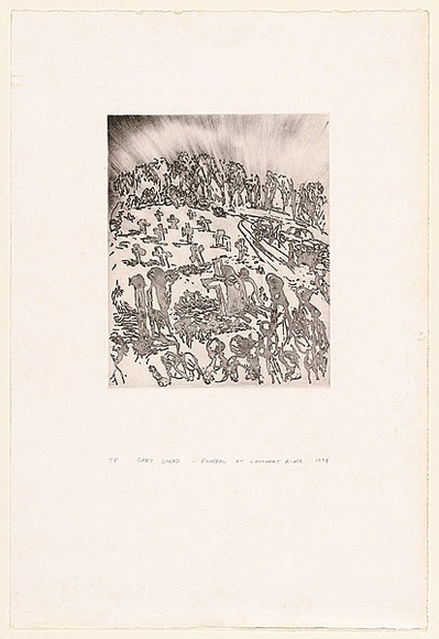 Artist: Shead, Garry. | Title: Funeral at Lockhart River | Date: 1998, September | Technique: sugarlift, printed dark brown ink, from one plate | Copyright: © Garry Shead