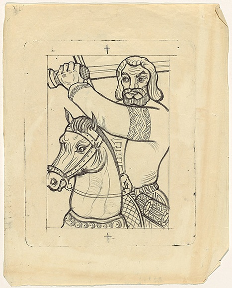 Title: b'not titled [knight on horseback with sword raised]' | Date: 1950s-60s | Technique: b'lithograph, printed in black ink, from one stone'