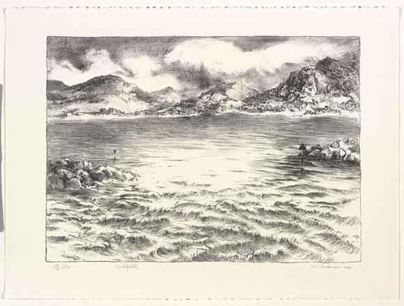 Artist: b'Mortensen, Kevin.' | Title: b'Landfall' | Date: 1994 | Technique: b'lithograph, printed in black ink, from one stone' | Copyright: b'\xc2\xa9 Kevin Mortensen'