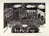 Artist: b'Moore, Mary.' | Title: b'On vacation: On location' | Date: 1985 | Technique: b'linocut printed in black ink, from one block with rubber stamps printed in red' | Copyright: b'\xc2\xa9 Mary Moore'