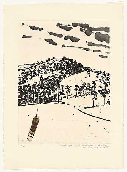 Artist: b'Rose, David.' | Title: b'Landscape with kookaburra feather' | Date: 1978 | Technique: b'aquatint and etching, printed in black ink, from one plate'