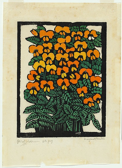 Artist: b'PRESTON, Margaret' | Title: b'Platylobium' | Date: 1925 | Technique: b'woodcut, printed in black ink, from one block; hand-coloured' | Copyright: b'\xc2\xa9 Margaret Preston. Licensed by VISCOPY, Australia'