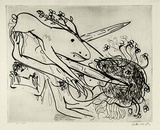 Artist: b'BOYD, Arthur' | Title: b'Dog with crutches and falling figure.' | Date: (1968-69) | Technique: b'etching, printed in black ink, from one plate' | Copyright: b'Reproduced with permission of Bundanon Trust'