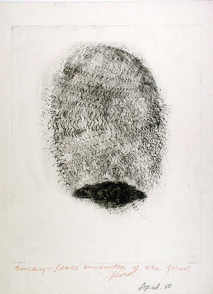 Artist: b'Moore, Mary.' | Title: b'Busby. Close encounters of the fured kind' | Date: 1980, April | Technique: b'mezzotint, printed in black ink, from zinc plate' | Copyright: b'\xc2\xa9 Mary Moore'