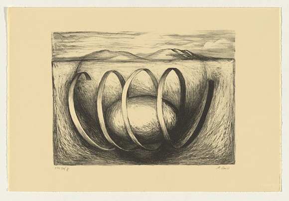 Artist: b'Evans, Megan.' | Title: b'not titled [landscape and wrapped egg]' | Date: 1989 | Technique: b'lithograph, printed in black ink, from one stone' | Copyright: b'\xc2\xa9 Megan Evans. Licensed by VISCOPY, Australia'