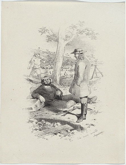 Artist: b'GILL, S.T.' | Title: b'The newly arrived, inquiring.' | Date: 1852 | Technique: b'lithograph, printed in black ink, from one stone'