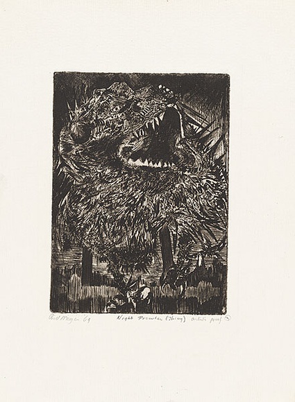Artist: b'MEYER, Bill' | Title: b'Night prowler (thing).' | Date: 1969 | Technique: b'etching, printed in black ink, from one copper plate' | Copyright: b'\xc2\xa9 Bill Meyer'