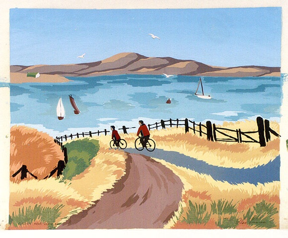 Artist: b'Sumner, Alan.' | Title: b'Cyclists near Corio Bay' | Date: c.1944 | Technique: b'screenprint, printed in colour, from 16 stencils'