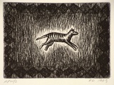 Artist: b'Daw, Robyn.' | Title: b'not titled [tiger leaping with frame of diamond shapes]' | Date: 1989 | Technique: b'etching, printed in black ink, from one plate'