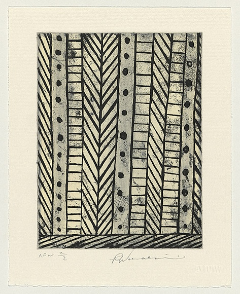 Artist: b'Wonaeamirri, Pedro.' | Title: b'not titled [geometric design consisting of striped and spotted columns]' | Date: 1999, November | Technique: b'etching, printed in black and cream in intaglio and relief, from one plate' | Copyright: b'\xc2\xa9 Pedro Wonaeamirri, Jilamara Arts and Craft'