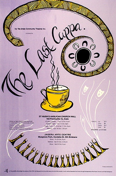 Artist: b'Watson, Joyce' | Title: b'The last cuppa.' | Date: 1992, September | Technique: b'screenprint, printed in purple, yellow and black ink, from three stencils'