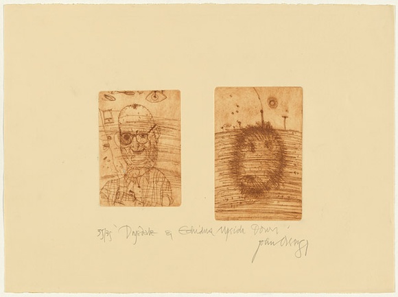 Artist: b'Olsen, John.' | Title: b'Drysdale and Echidna upside down' | Date: 1981 | Technique: b'etching and aquatint, printed in brown ink with plate-tone, from two plates' | Copyright: b'\xc2\xa9 John Olsen. Licensed by VISCOPY, Australia'