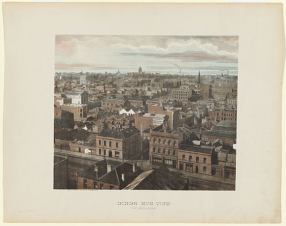 Artist: b'PHILLIP-STEPHAN PHOTO-LITHO. AND TYPOGRAPHIC PROCESS CO LTD' | Title: b'Birds eye view, Melbourne.' | Date: 1888 | Technique: b'photo-lithograph, printed in colour, from multiple stones'