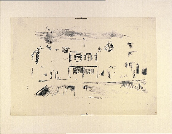 Artist: b'MACQUEEN, Mary' | Title: b'Street scene, Carlton' | Date: 1959 | Technique: b'lithograph, printed in blue ink, from one plate' | Copyright: b'Courtesy Paulette Calhoun, for the estate of Mary Macqueen'